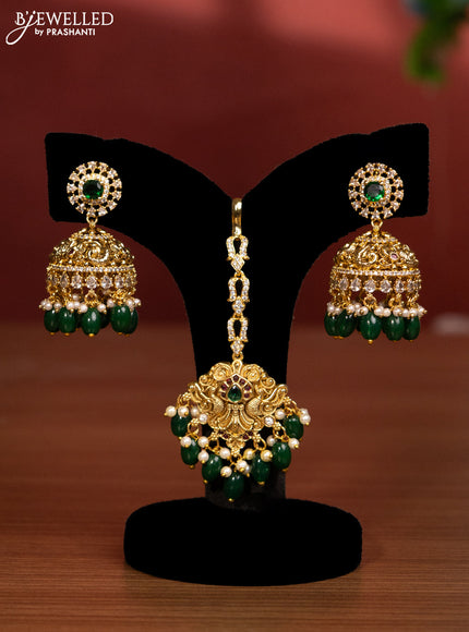 Antique double layer haaram with kemp & cz stones and green beads hanging