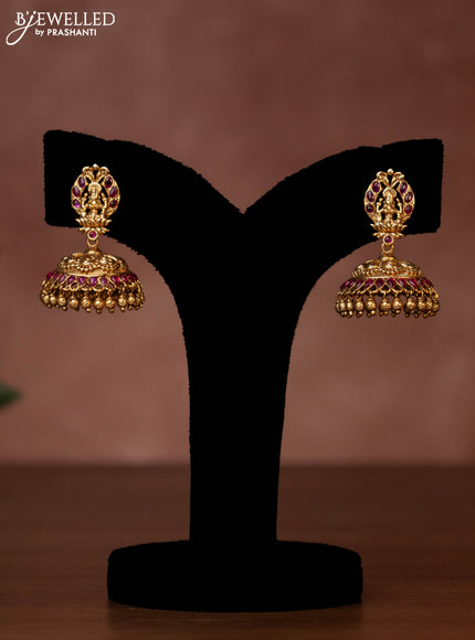 Antique necklace lakshmi design with pink jadau stones and golden beads hanging