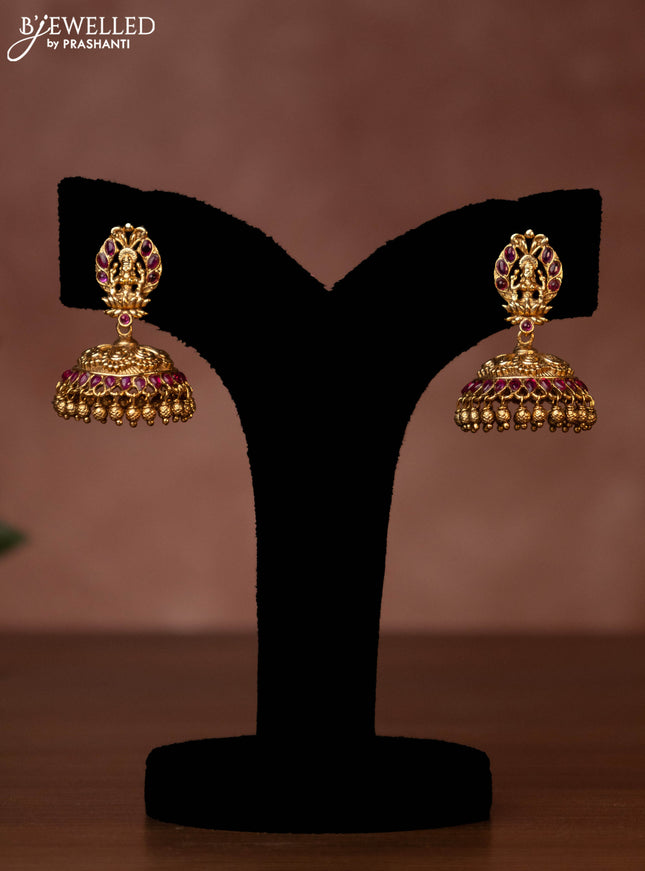 Antique necklace lakshmi design with pink jadau stones and golden beads hanging