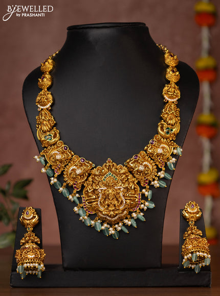 Antique necklace lakshmi design with jadau & cz stones and green beads hanging
