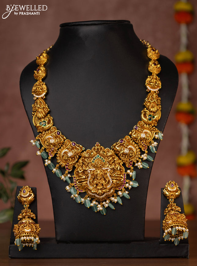 Antique necklace lakshmi design with jadau & cz stones and green beads hanging