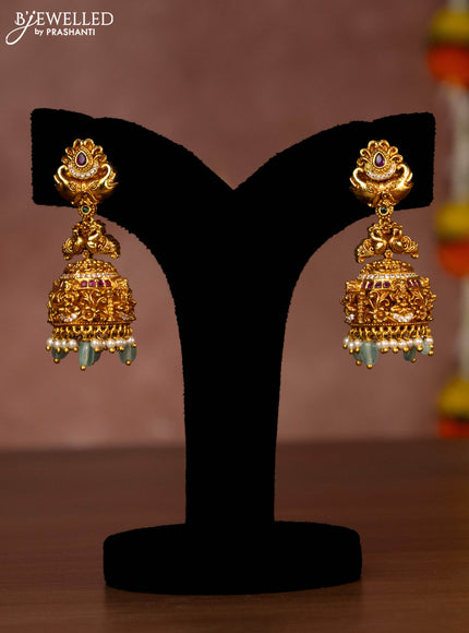 Antique necklace lakshmi design with jadau & cz stones and green beads hanging