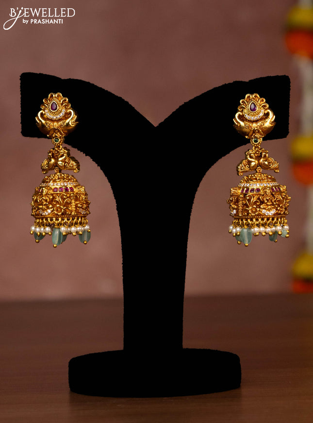 Antique necklace lakshmi design with jadau & cz stones and green beads hanging