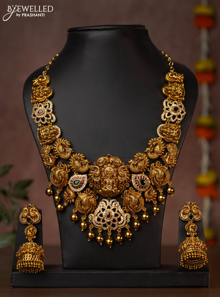 Antique necklace lakshmi design with jadau & cz stones and golden beads hanging