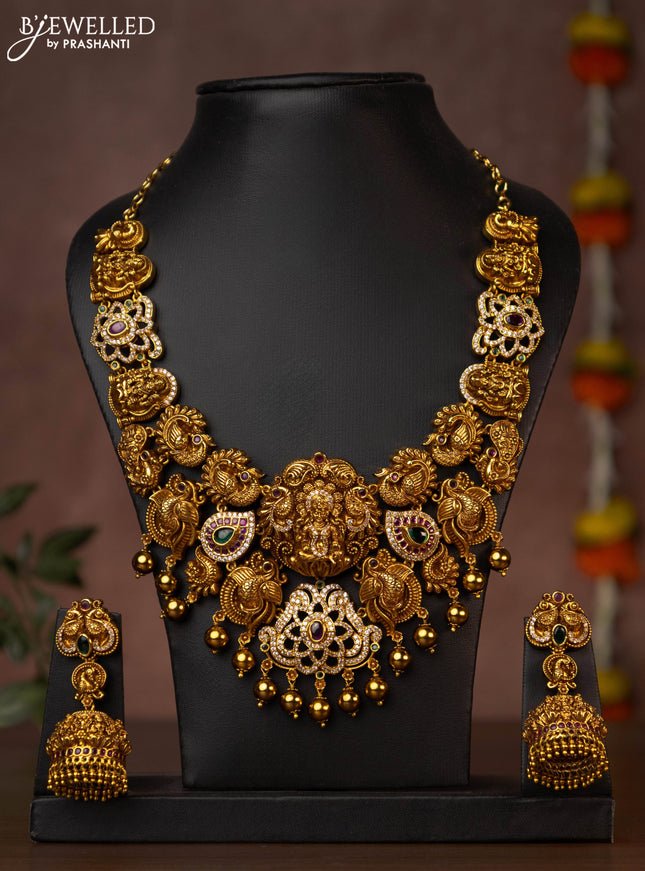 Antique necklace lakshmi design with jadau & cz stones and golden beads hanging