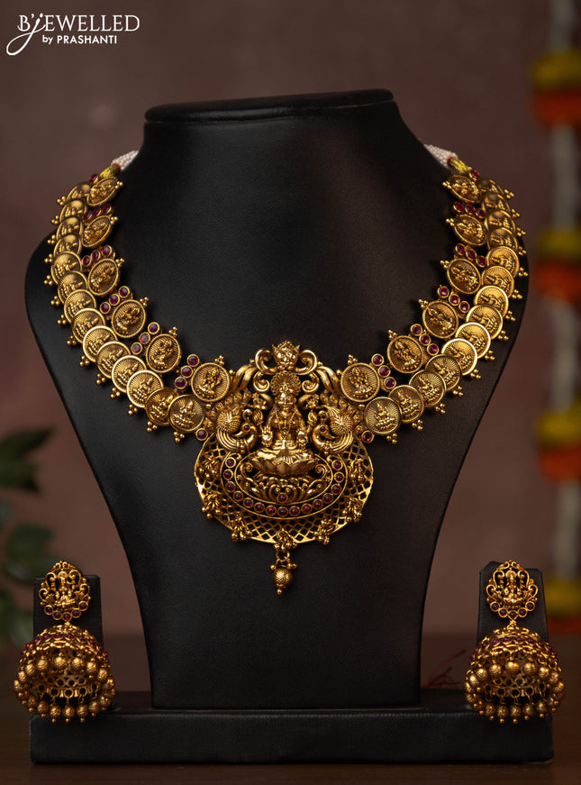 Antique necklace lakshmi kasu design with pink kemp stones and golden beads hanging