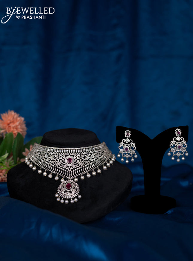 Zircon choker with ruby & cz stones and pearl hangings