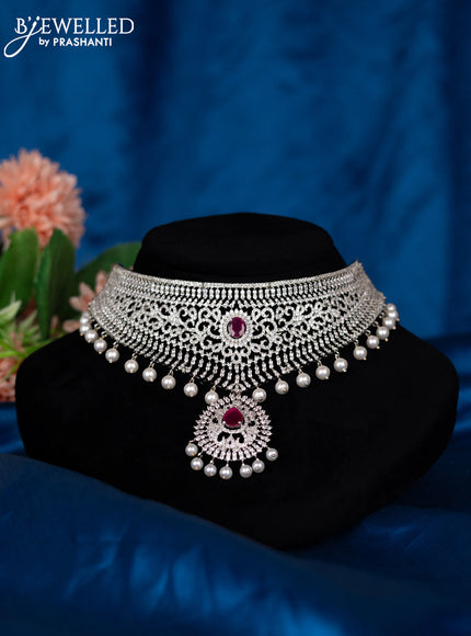 Zircon choker with ruby & cz stones and pearl hangings