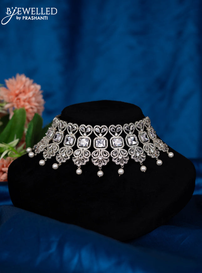 Zircon choker with cz stones and pearl hangings