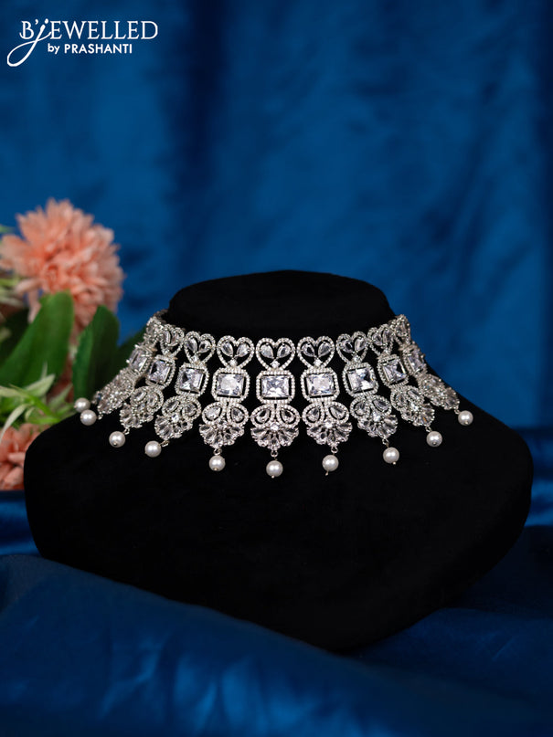Zircon choker with cz stones and pearl hangings