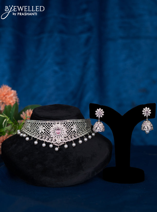 Zircon choker with baby pink & cz stones and pearl hangings
