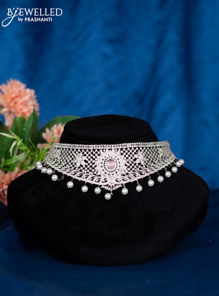 Zircon choker with baby pink & cz stones and pearl hangings