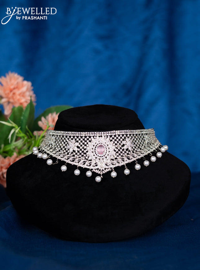 Zircon choker with baby pink & cz stones and pearl hangings