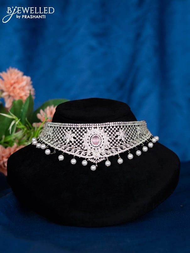 Zircon choker with baby pink & cz stones and pearl hangings