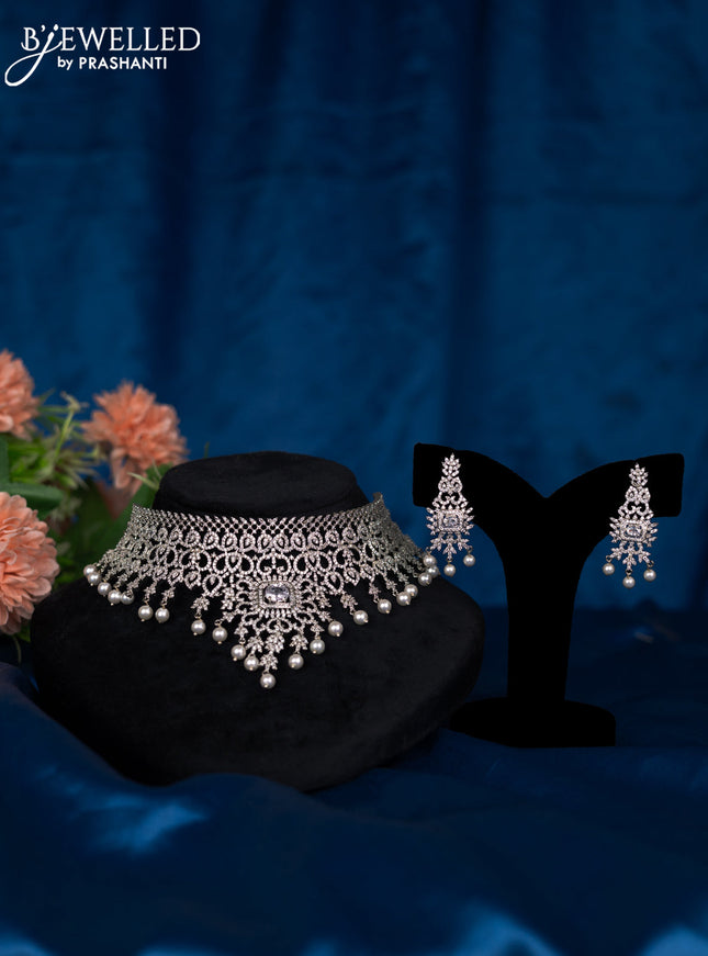 Zircon choker with cz stones and pearl hangings