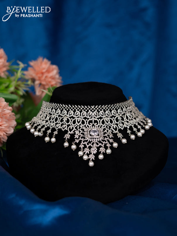 Zircon choker with cz stones and pearl hangings