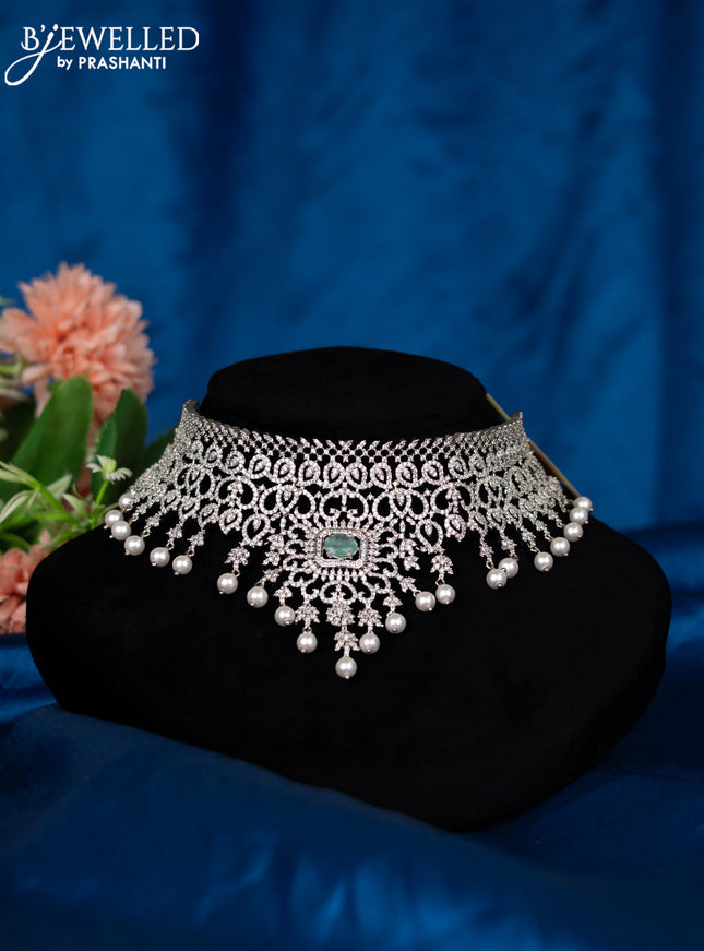 Zircon choker with mint green & cz stones and pearl hangings
