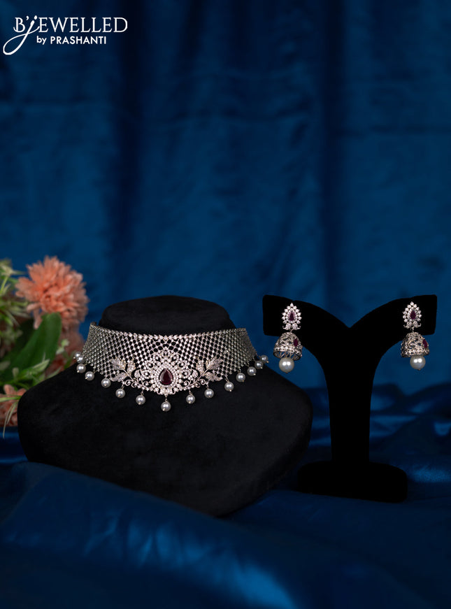Zircon choker with ruby & cz stones and pearl hangings
