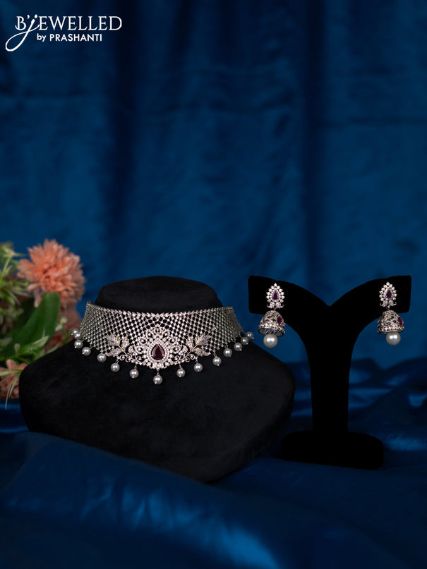Zircon choker with ruby & cz stones and pearl hangings