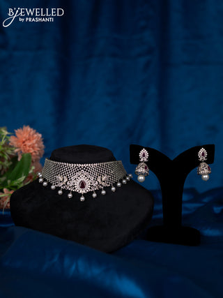 Zircon choker with ruby & cz stones and pearl hangings
