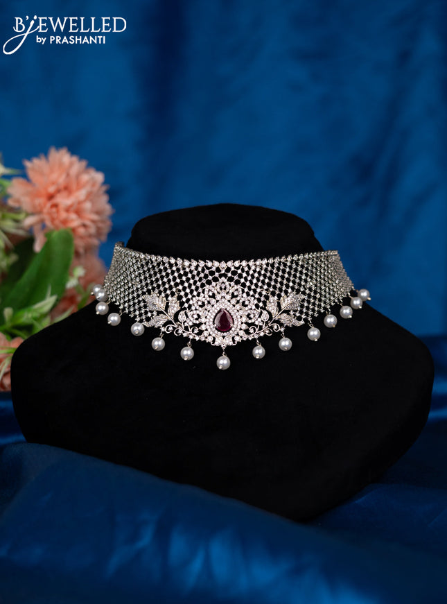 Zircon choker with ruby & cz stones and pearl hangings