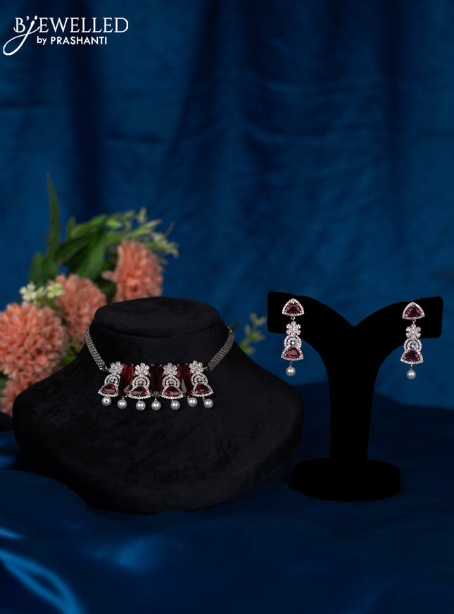 Zircon choker with ruby & cz stones and pearl hangings