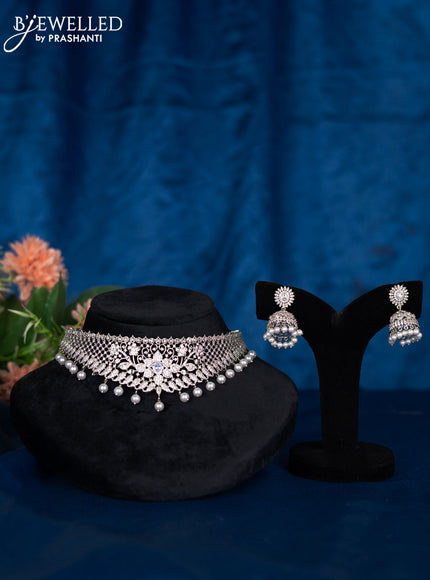 Zircon choker with cz stones and pearl hangings