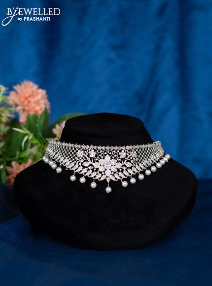 Zircon choker with cz stones and pearl hangings