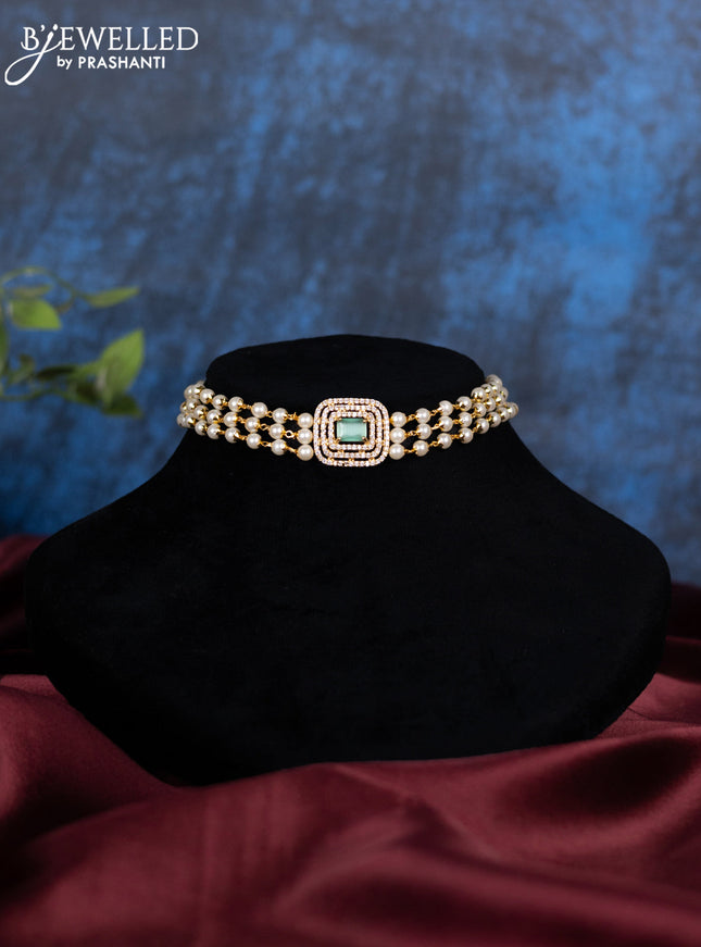Pearl choker with mint green and cz stones