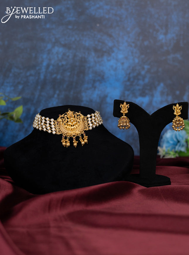 Pearl choker ganesha design with kemp stone and golden beads hanging