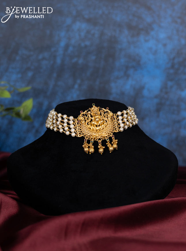 Pearl choker ganesha design with kemp stone and golden beads hanging