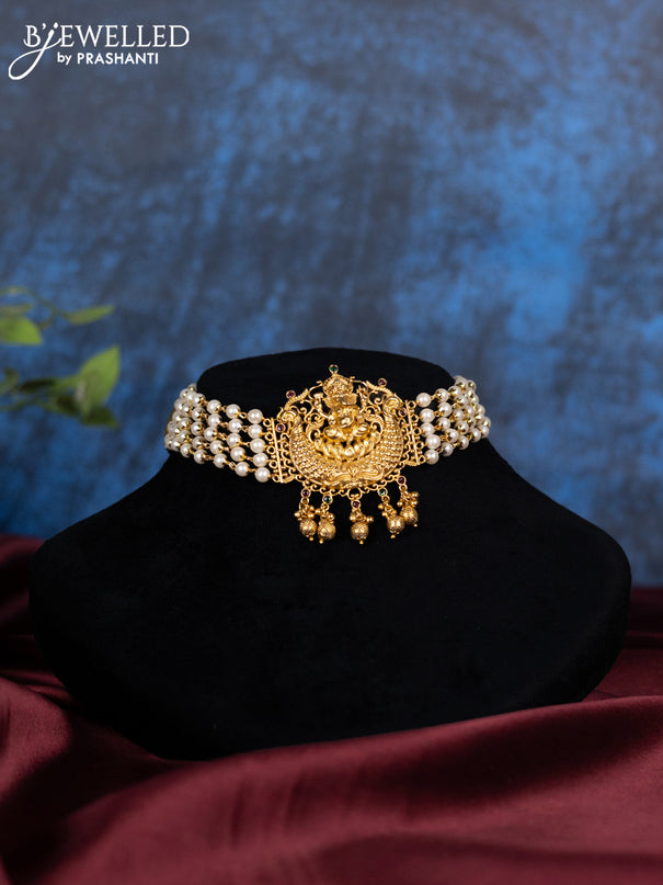 Pearl choker ganesha design with kemp stone and golden beads hanging