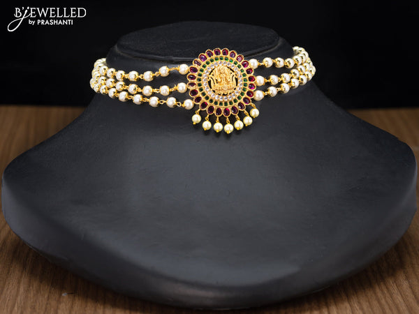 Pearl choker lakshmi pendant with kemp and cz stones