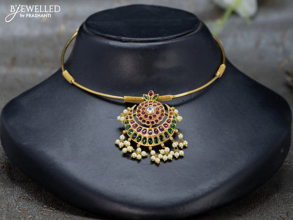 Antique ring type choker chandbali design with kemp stone and pearl hangings