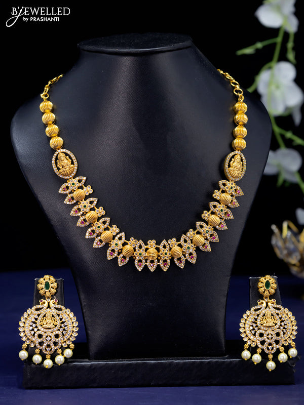 Antique necklace lakshmi design with kemp and cz stone