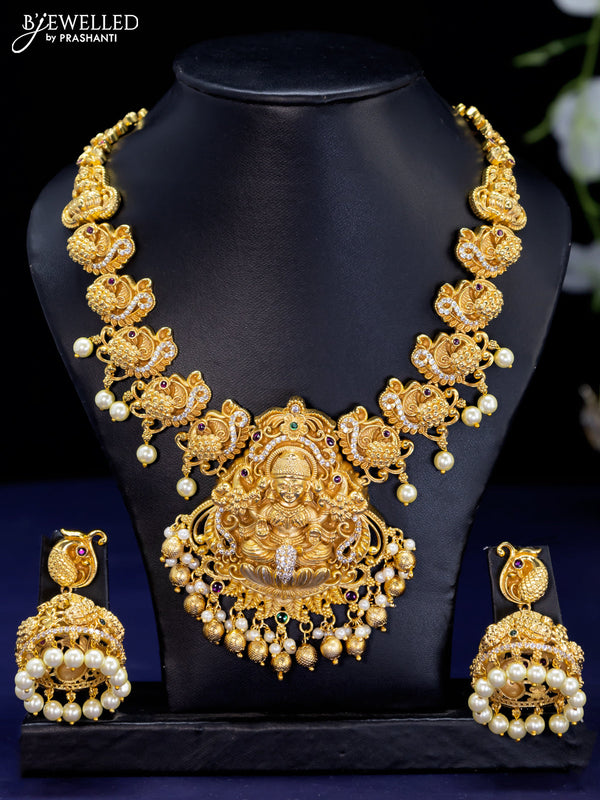 Antique necklace kemp & cz stone with golden beads hangings and lakshmi pendant
