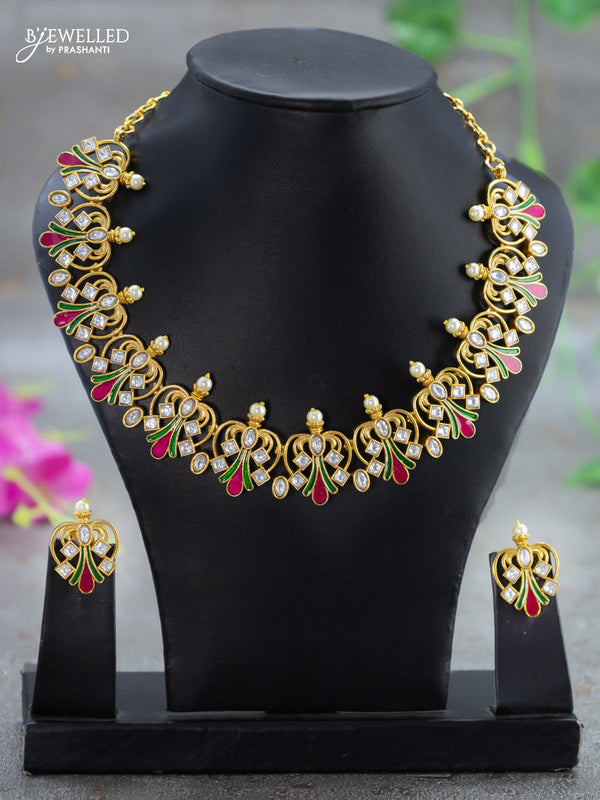 Antique necklace minakari design with cz stone and pearls