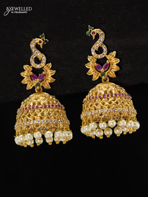 Antique jhumkas peacock design kemp and cz stone with pearl hangings