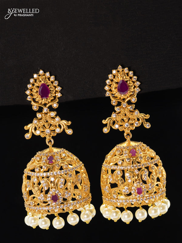 Antique jhumkas pink kemp and cz stone with pearl hangings