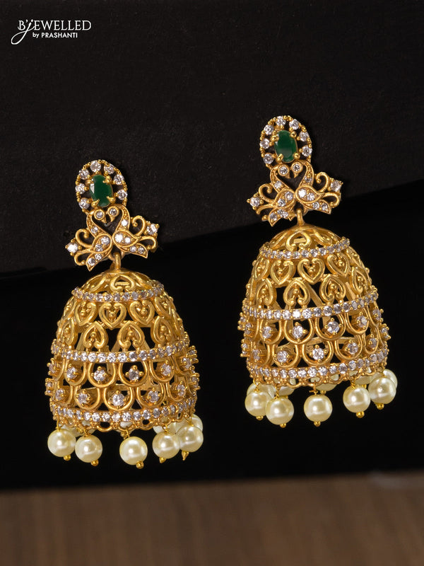 Antique jhumkas green kemp and cz stone with pearl hangings