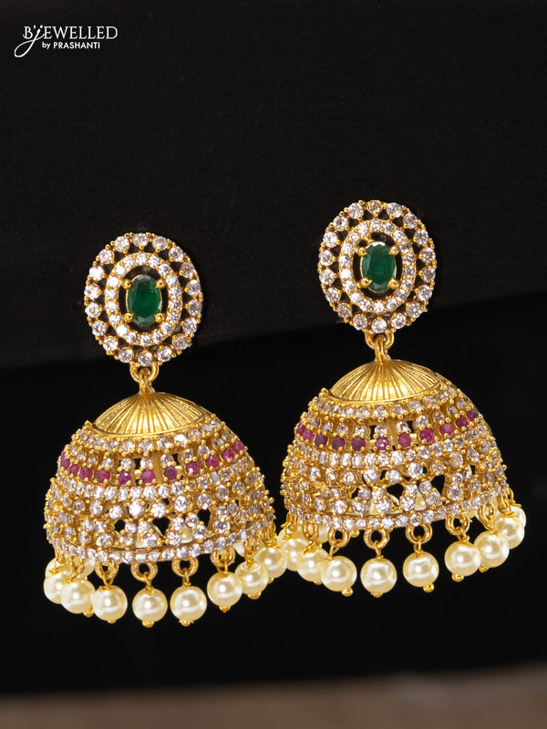 Antique jhumkas kemp and cz stone with pearl hangings