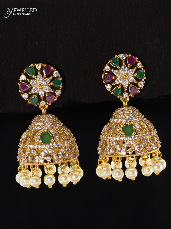 Antique jhumkas floral design kemp and cz stone with pearl hangings