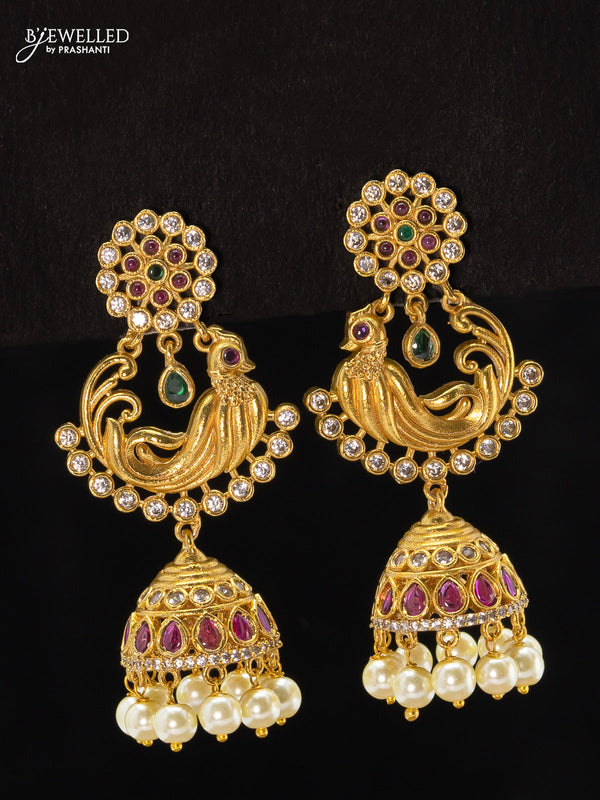 Antique jhumkas peacock design kemp and cz stone with pearl hangings