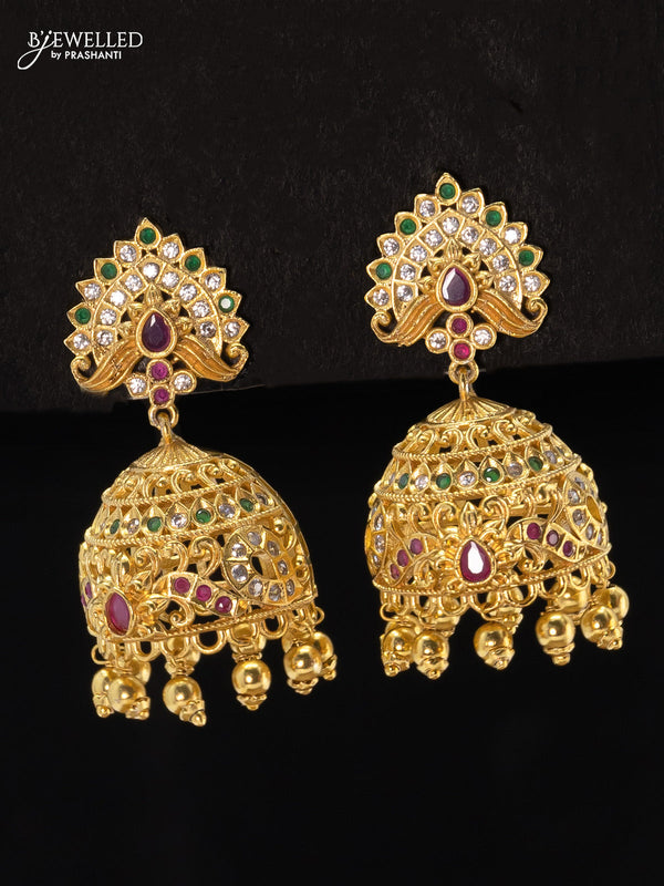Antique jhumkas kemp and cz stone with golden beads hangings