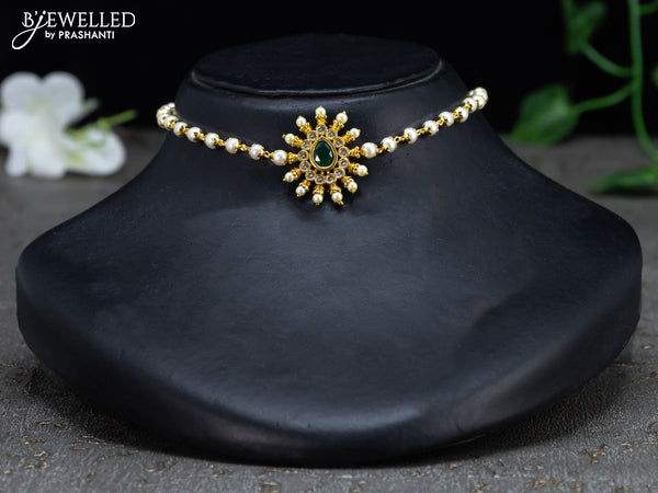 Pearl choker with green kemp and cz stones