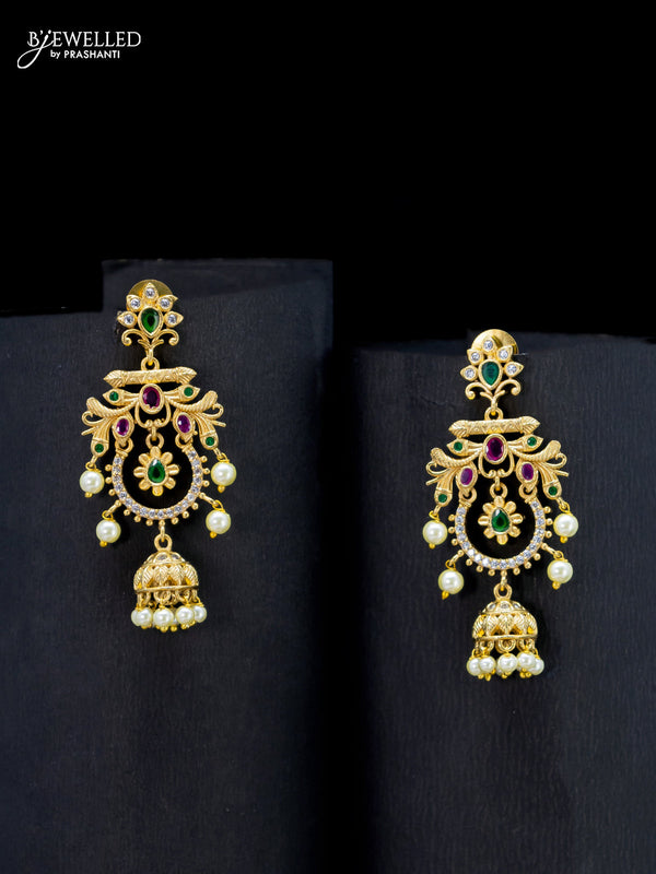Antique earrings chandbali design with kemp stone and pearl hangings