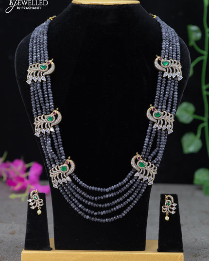Beaded grey necklace peacock design with kemp and cz stones in victorian finish - {{ collection.title }} by Prashanti Sarees