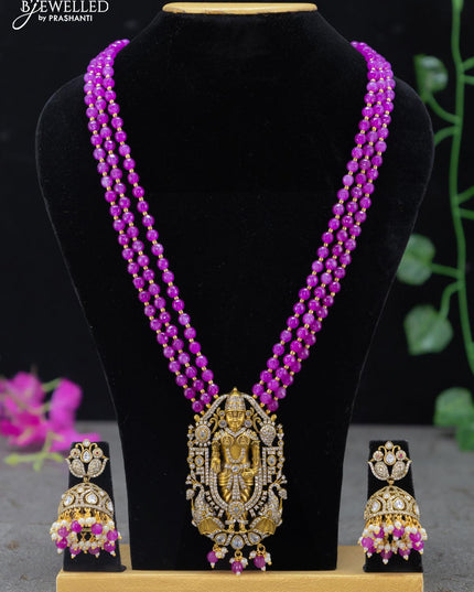Beaded purple necklace with cz stones and tirupati balaji pendant in victorian finish - {{ collection.title }} by Prashanti Sarees