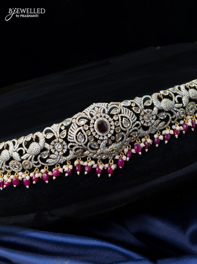 Antique hip belt with ruby & cz stones and pink beads hangings in victorian finish - {{ collection.title }} by Prashanti Sarees