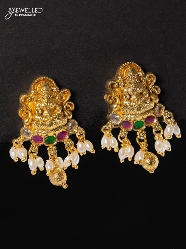 Antique earring lakshmi design kemp & cz stones with pearl hangings - {{ collection.title }} by Prashanti Sarees